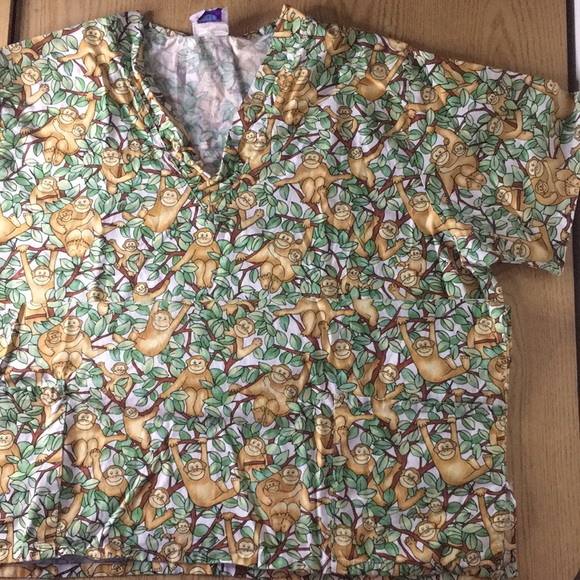 Monkey Print Scrub Top 2 Pockets Stretchy Soft XL - Picture 5 of 6